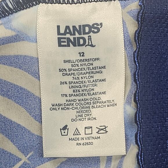 Lands' End SlenderSuit Wrap One Piece Swimsuit Deep Sea Navy Tropic Palm Size 12 - Picture 8 of 8